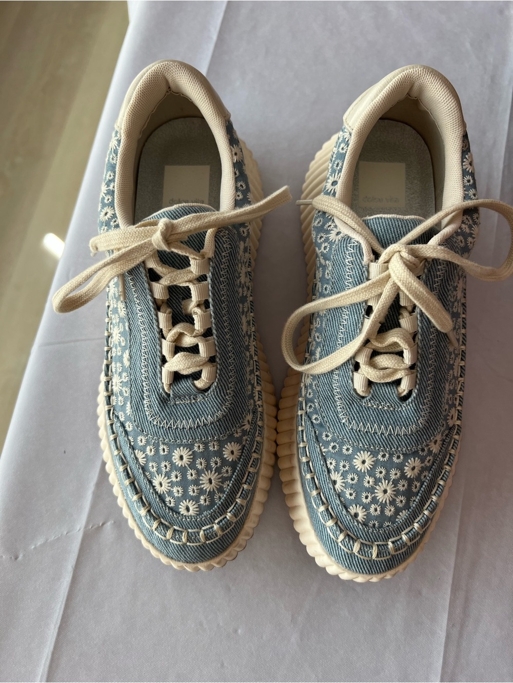 Dolce Vita Light Blue Denim Floral Lace-Up Sneakers with Cream Trim